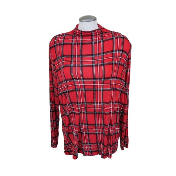 Womens Plus Size XXL Top Red Tartan Plaid Mock Neck Stretch Thin Lightweight - Picture 1 of 5
